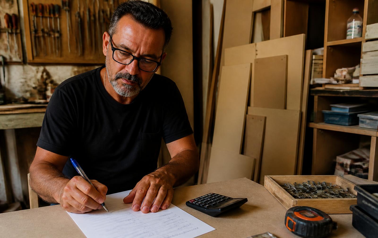 Marceneiro calculando orçamento de móvel com calculadora na bancada da oficina